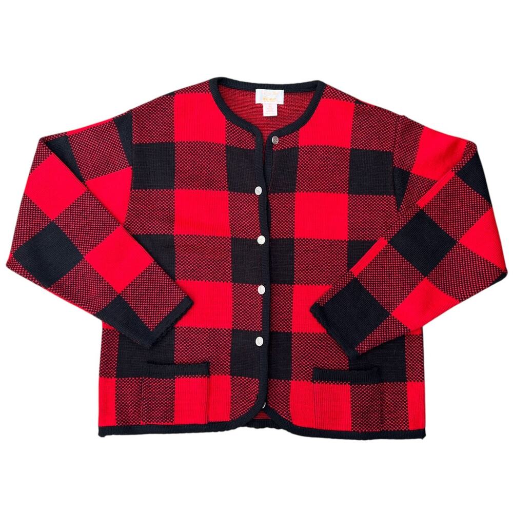 Vintage Tally Ho Red Checkered Cardigan Acrylic Metal Buttons Women’s XL
